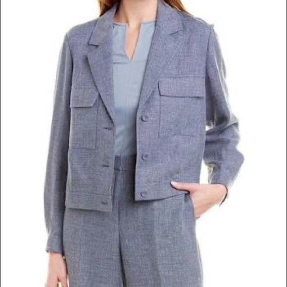 2Pc Lafayette 148 Conall Jacket and Dalton Wide Leg Pants Linen Blend Bluestone - Picture 2 of 16